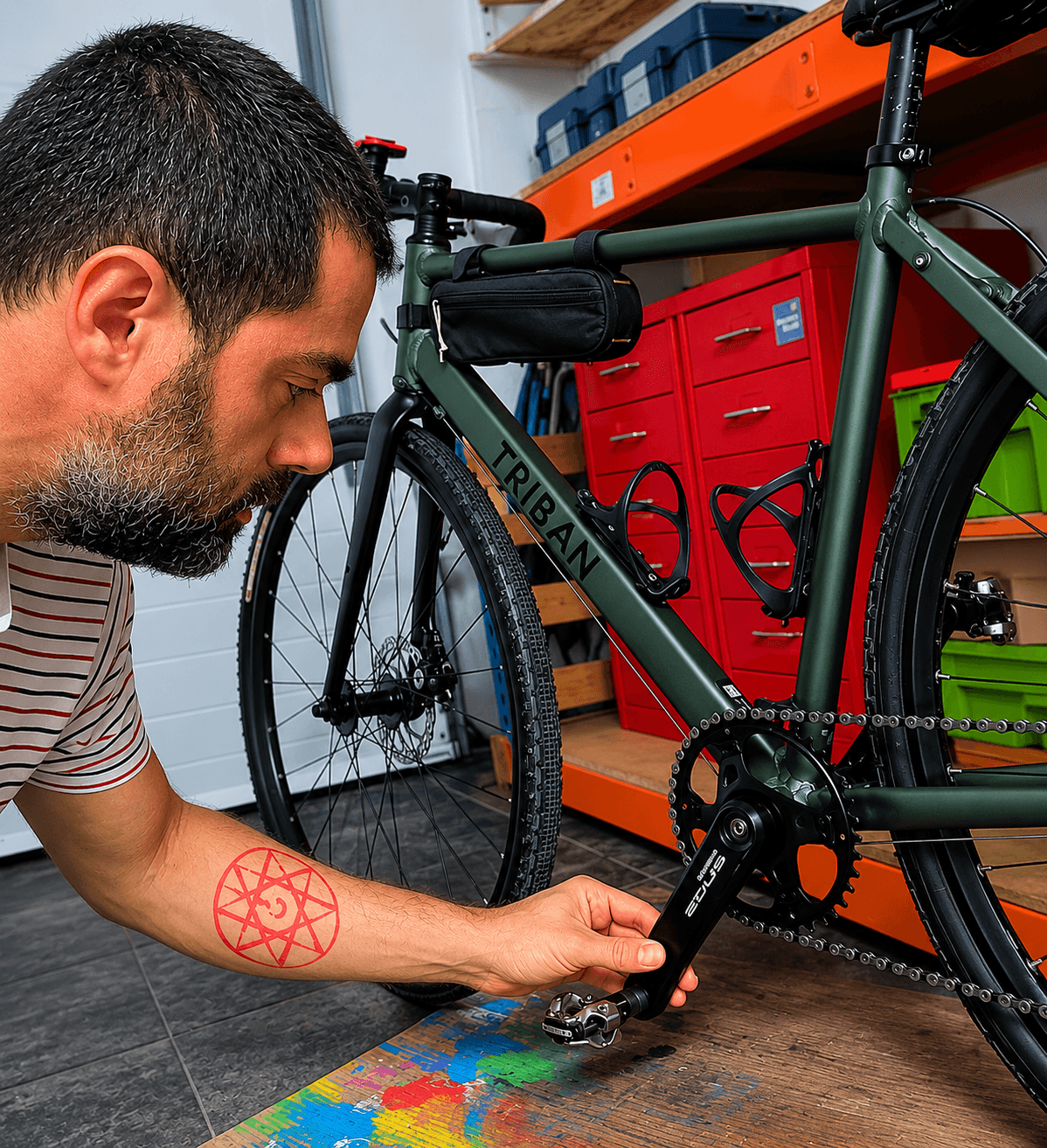 A skilled repairman fixing a bicycle in his workshop, surrounded by tools and equipment.